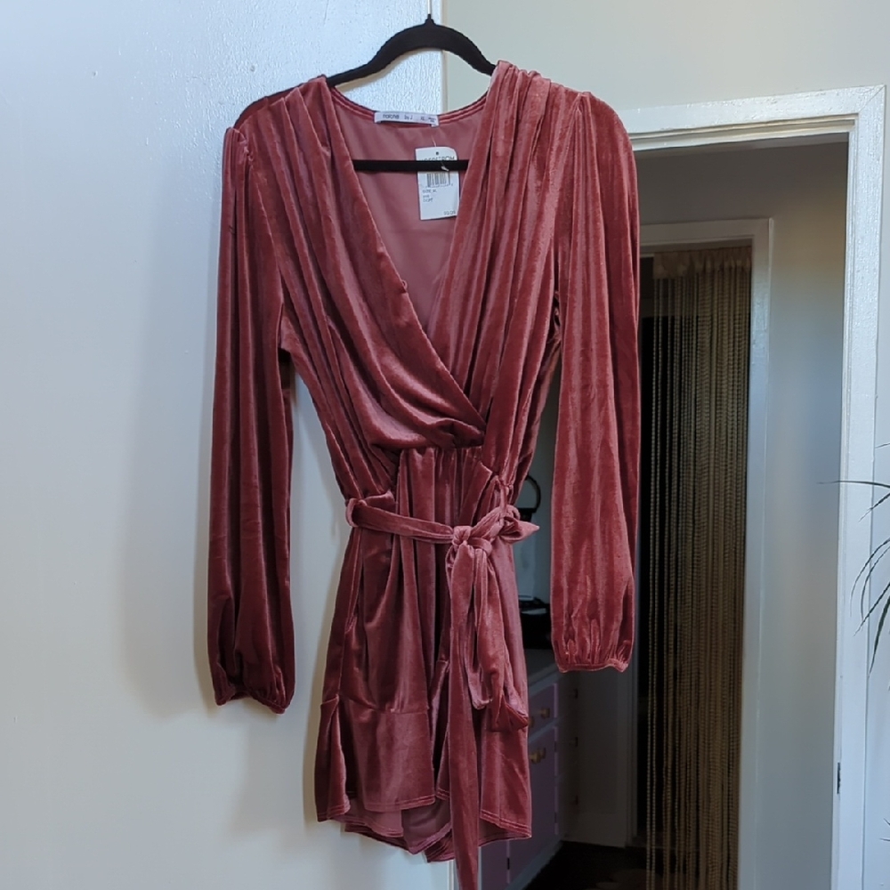Velvet Wrap Romper in Dusty Rose